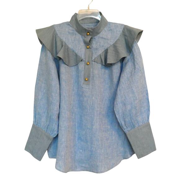 NWT Tuckernuck Mirabella Ruffle Chambray Linen Blouse Shirt Gold Buttons Blue XL - Picture 1 of 10